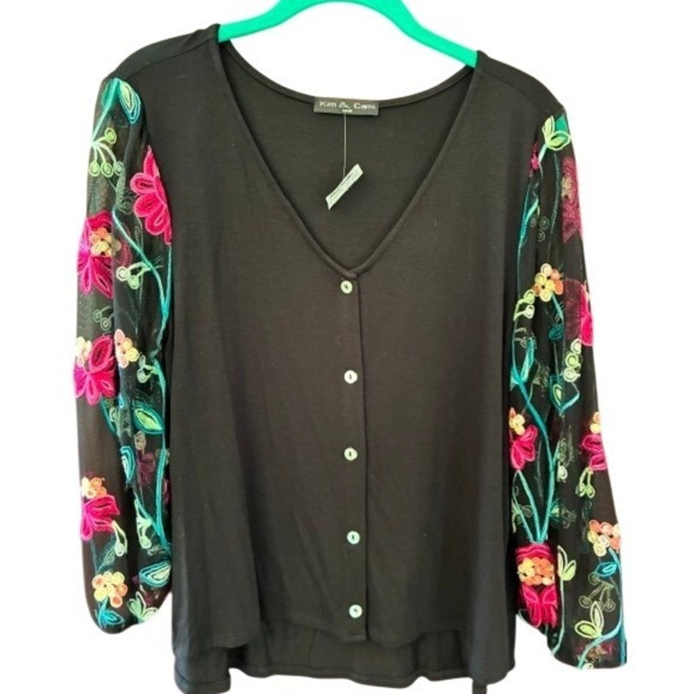 Kim & Cami Embroidered Mesh Sleeve Cardigan Women Small Black New Floral V-Neck